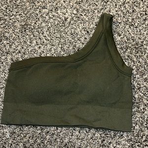 One shoulder athletic material top.